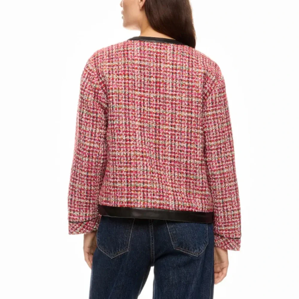 English Factory Pink Tweed Blazer LARGE Boxy Boucle Faux Leather Clueless $210 - Picture 2 of 10